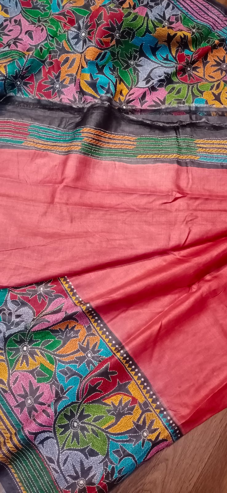 Gachi tussar saree with Kantha stich