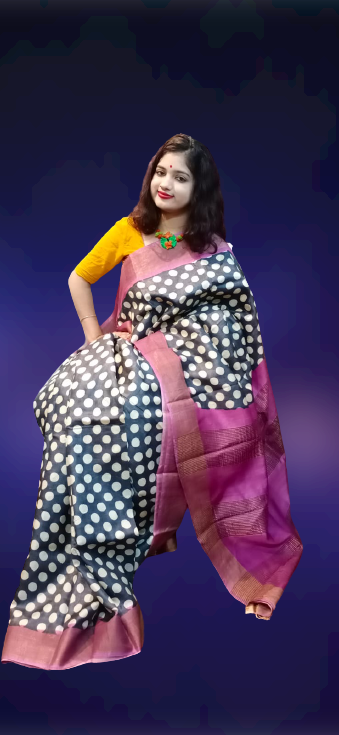 Block print on zari border tussar saree