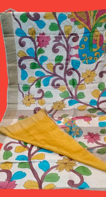 Kalamkari hand painting on zari border tussar saree