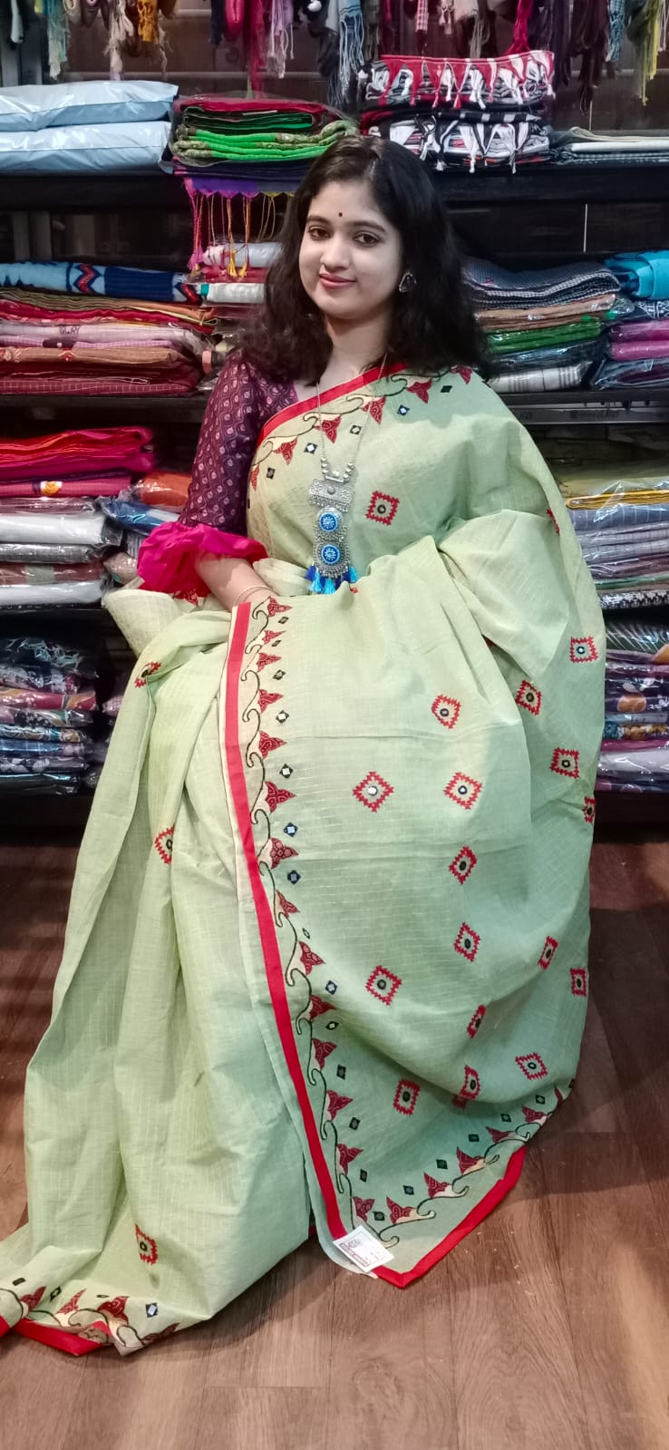 Stich work on dhonakhali cotton saree