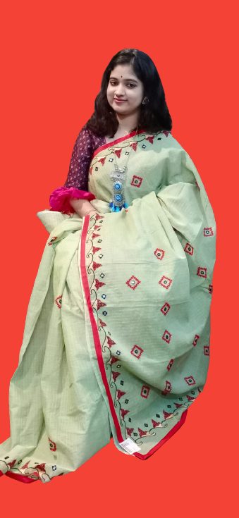 Stich work on dhonakhali cotton saree