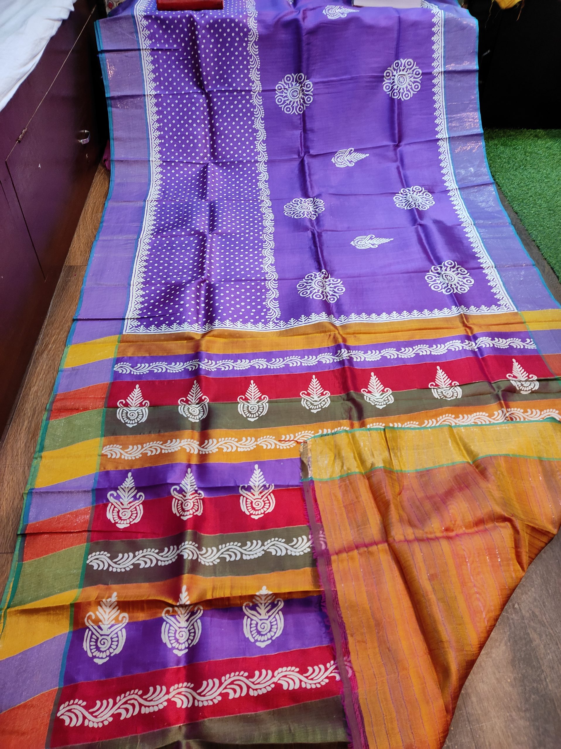 Pure zari border purple colour Bishnupur katan silk with discharge blocks with running b.p