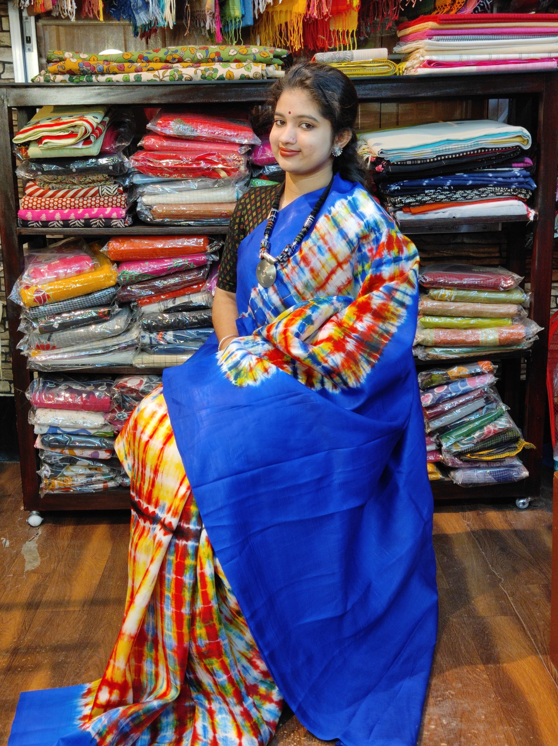 Tie and diy work on pure 3 ply murshidaabad silk in blue and multi colour with running blue b.p