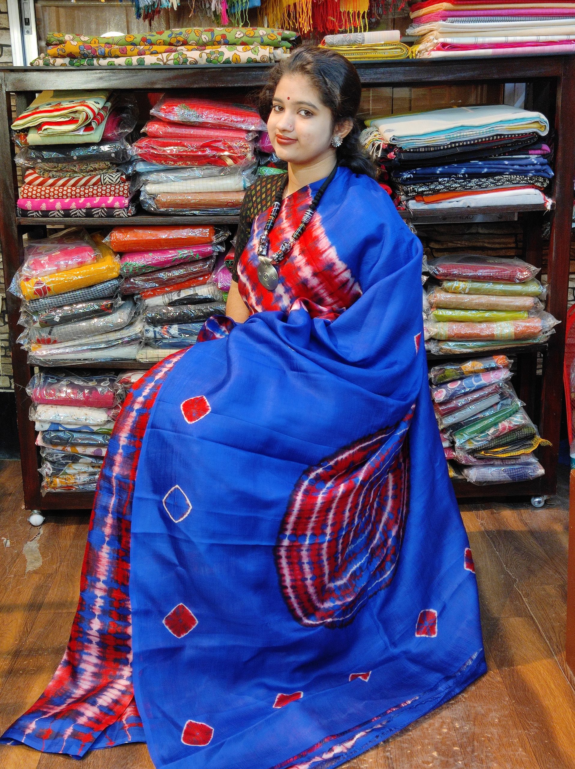 Pure murshidaabad 3 ply silk with blue and red tie and diy work with running b.p