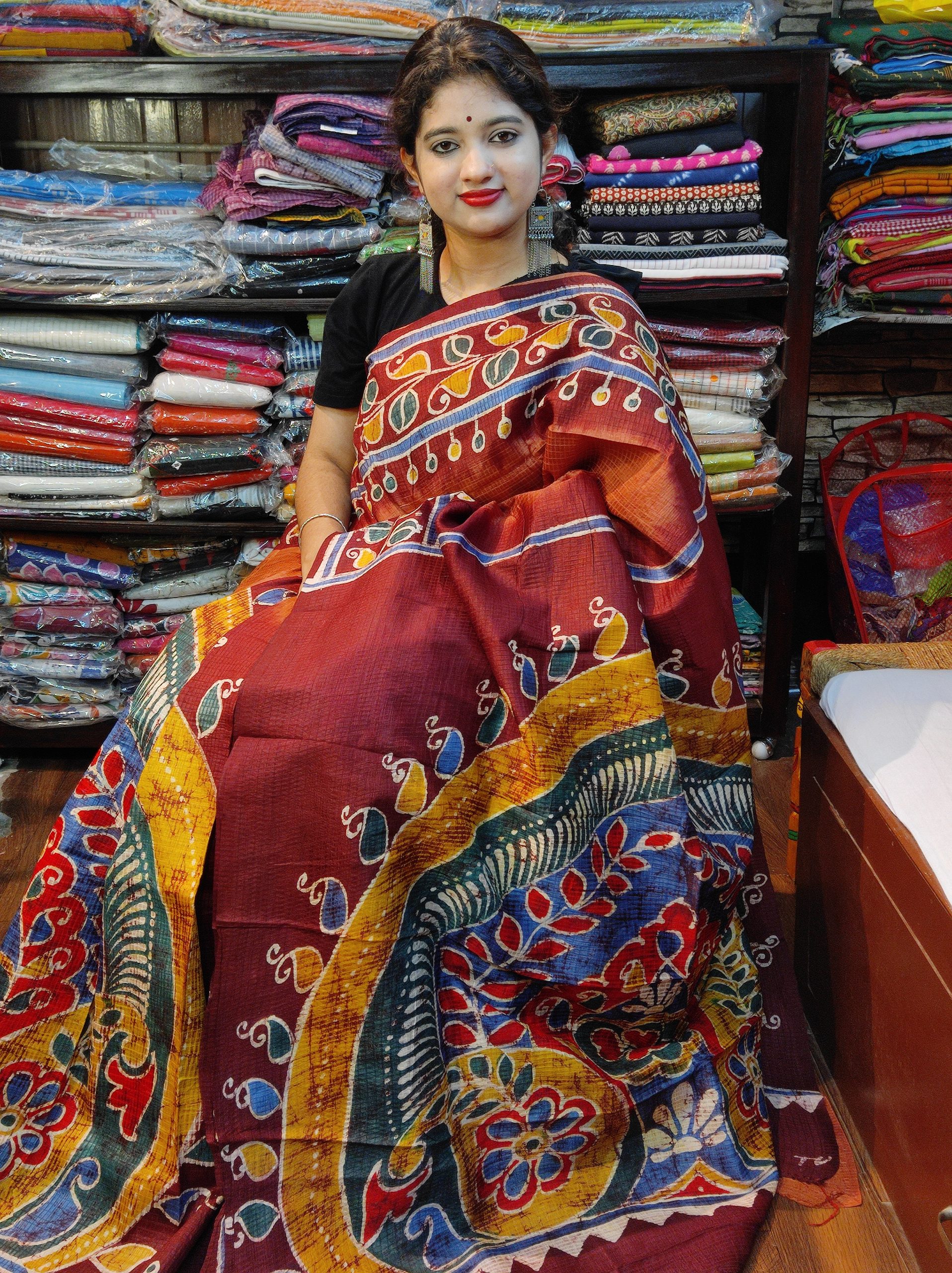 Wax Batik on pure check silk in maroon and multicoloured